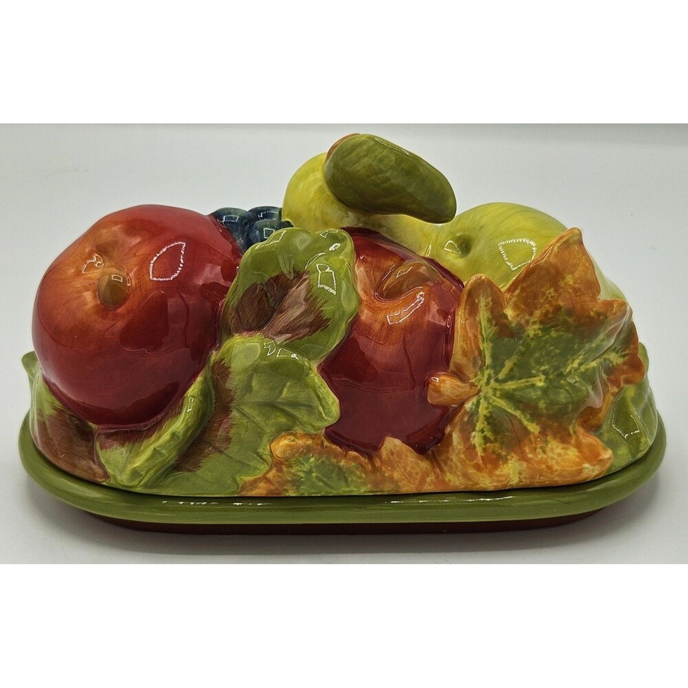 Essential Home 3-D Fall Leaves & Fruit Figural Covered Butter Dish Thanksgiving